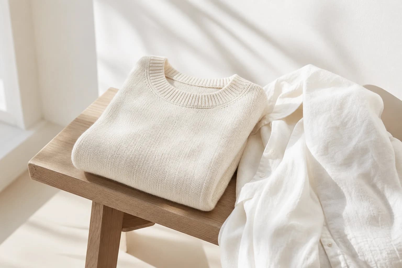 Pull en maille ivoire plié sur un banc en chêne clair