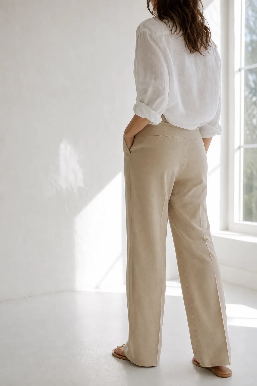 Chemise en lin blanc et pantalon sable portés dans une pièce lumineuse